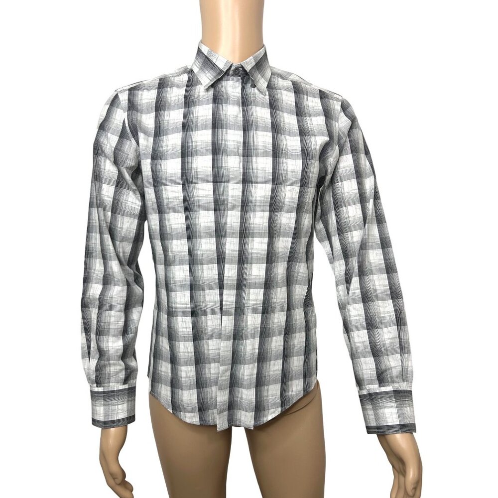 Joseph Abboud Men’s Shirt Button Down M Slim Fit Plaid Black Grey White Contrast